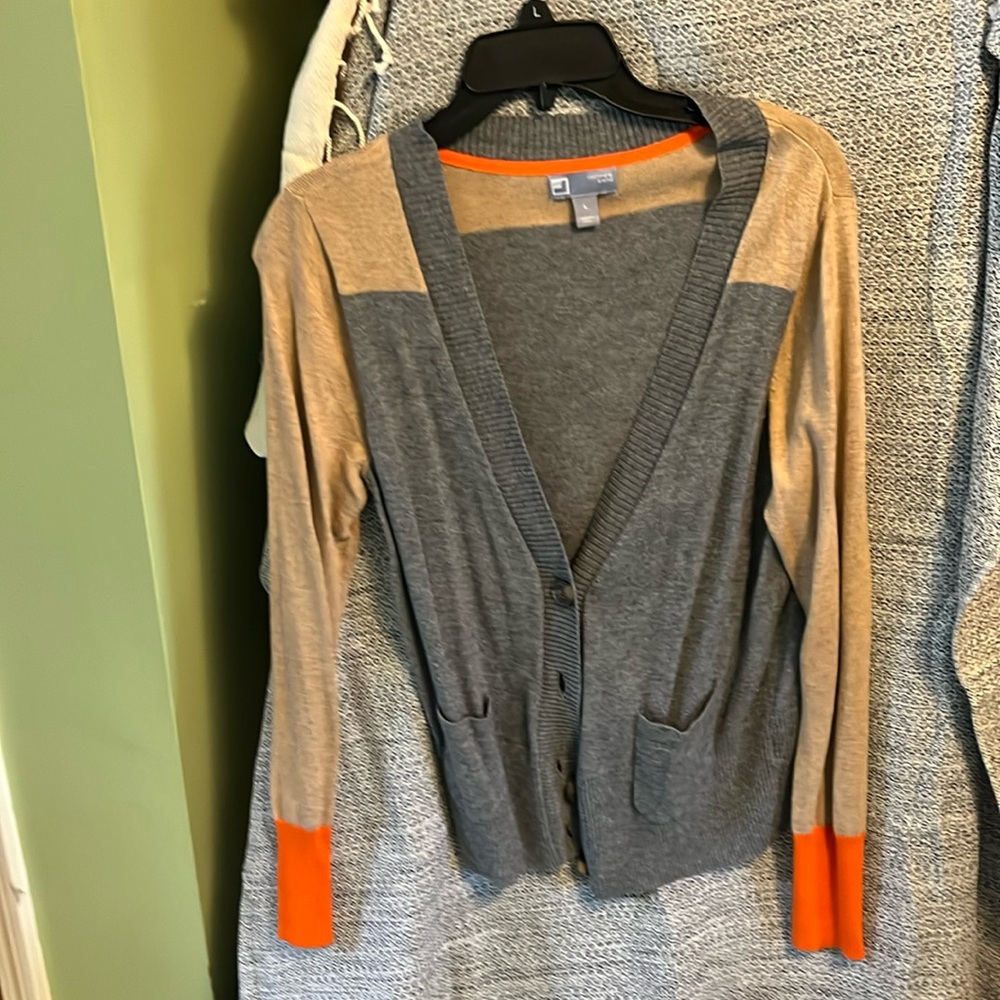 Lightweight tan, and gray cardigan